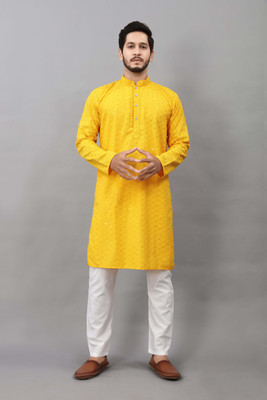 ALMORA Men Embroidered A-line Kurta(Yellow)