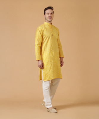 Mayra Men Woven Design Straight Kurta(Yellow)