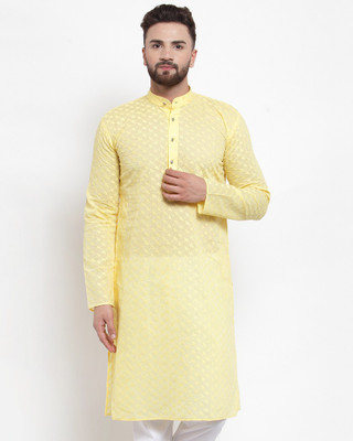 Jompers Men Self Design Straight Kurta(Yellow)