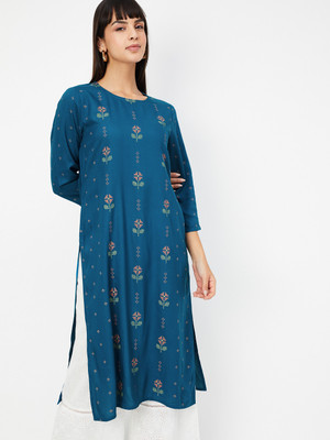 MAX Women Embroidered Straight Kurta(Blue)