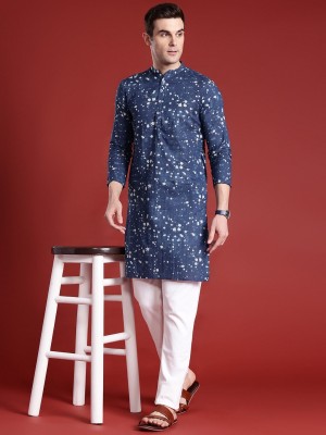 ANOUK Men Printed Straight Kurta(Beige, Dark Blue)