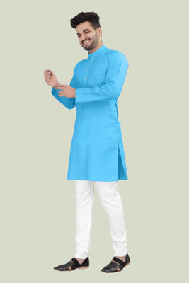 KRISHASALES Men Solid Straight Kurta(Light Blue)
