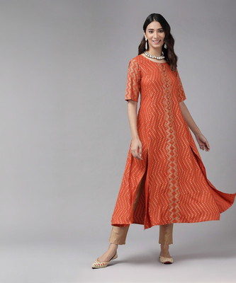 Yash Gallery Women Geometric Print Anarkali Kurta(Orange)