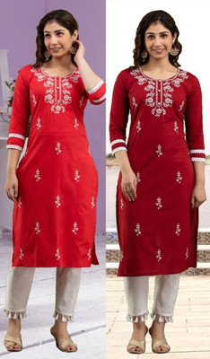vikshi Women Embroidered Straight Kurta(Multicolor)