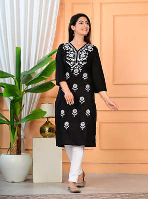 MANVIK FASHION Women Embroidered, Printed Straight Kurta(Black)
