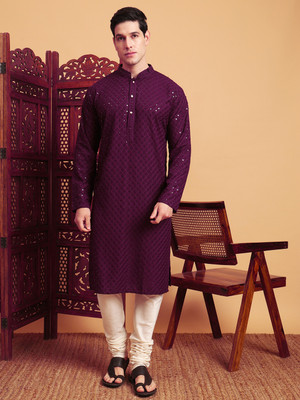 House of Pataudi Men Chikan Embroidery Straight Kurta(Maroon)