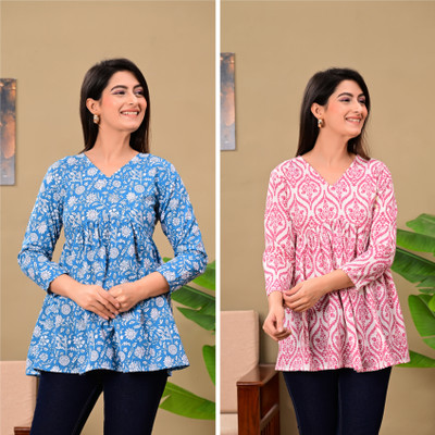 LattaGhaba Women Floral Print, Geometric Print, Printed Tunic Kurta(Light Blue, Blue)