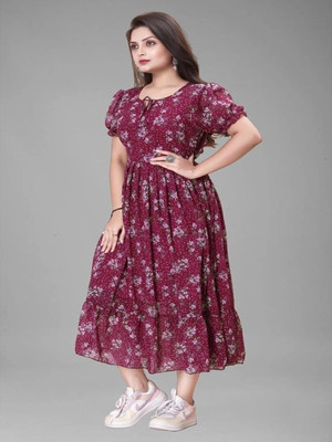 Nautiful Women Floral Print Flared Kurta(Maroon)