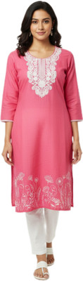 Nshouse Women Embroidered Straight Kurta(Pink)