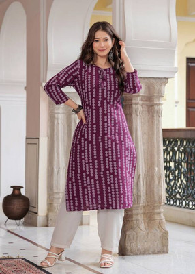 Anmi Printed Women Straight Kurta(Purple)