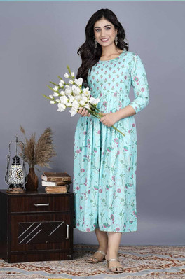 AAITHAN Women Floral Print Anarkali Kurta(Light Blue)