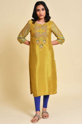 W Women Embroidered Straight Kurta(Yellow)