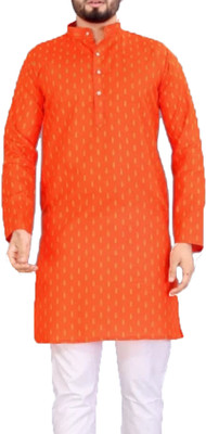 PRASUNS Men Printed Straight Kurta(Orange)