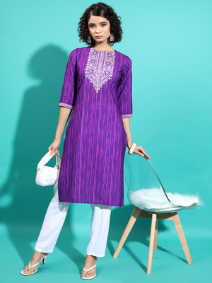Vishudh Women Printed Straight Kurta(Purple, White)