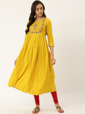 all about you Women Printed Anarkali Kurta(Yellow)