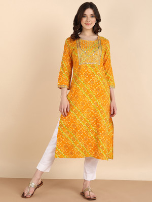 PinkTribe Women Printed Straight Kurta(Yellow)
