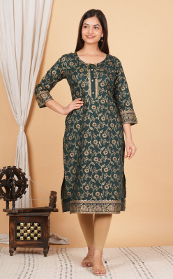 Avnigarments Women Floral Print, Printed Straight Kurta(Dark Green)