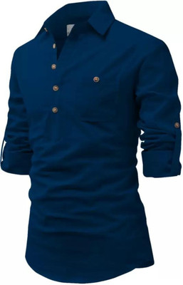 Life Roads Men Solid Straight Kurta(Blue)