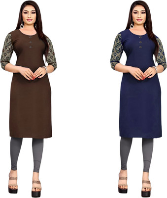 HouseOfCommon Women Solid Straight Kurta(Brown, Blue)