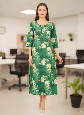 unique zone Women Printed Straight Kurta(Green, Beige)