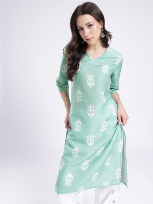 Anouk Rustic Women Floral Print Straight Kurta(Green)