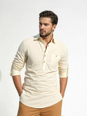 LENIA Men Solid A-line Kurta(Beige)