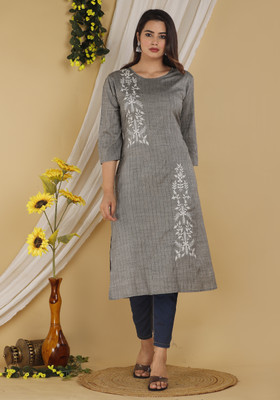 Mehsoos Women Embroidered Straight Kurta(Grey)