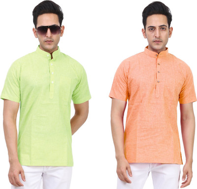 Kavita Fasion Men Solid Straight Kurta(Green, Orange)