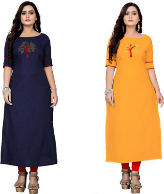 Retrox Women Patchwork Straight Kurta(Dark Blue, Yellow)