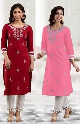 vikshi Women Chikan Embroidery Straight Kurta(Multicolor)