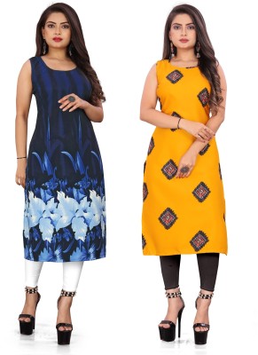 maruti fab Women Floral Print Straight Kurta(Blue, Yellow)