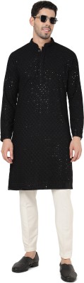 Kaashi Couture Men Chikan Embroidery Straight Kurta(Black)