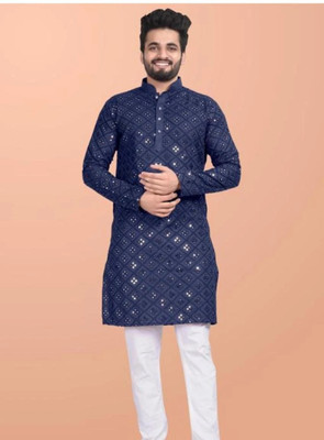 kingenterprise Men Self Design Straight Kurta(Blue)