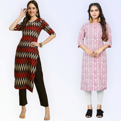 KAUTAQI Women Printed Straight Kurta(Multicolor)