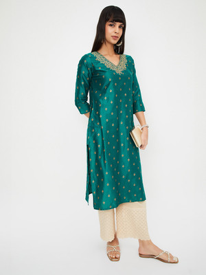 MAX Women Printed Straight Kurta(Green)