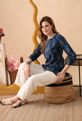 JASORIYA Women Printed Straight Kurta(Blue)