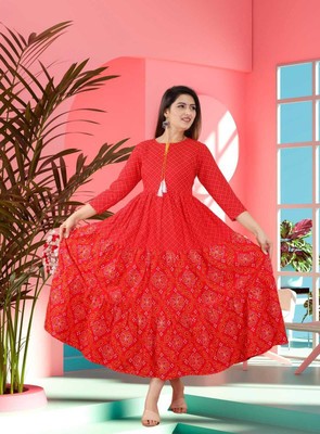 Damsel Women Printed Anarkali Kurta(Red)