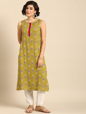 ANOUK Women Printed Straight Kurta(Dark Green)
