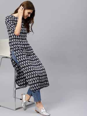 Isha e Kart Women Printed Straight Kurta(Blue)