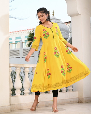 INDI INSIDE Women Block Print Anarkali Kurta(Yellow)