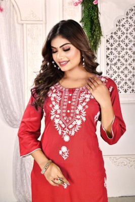 GOKUL TRENDZ Women Chikan Embroidery Straight Kurta(Red)