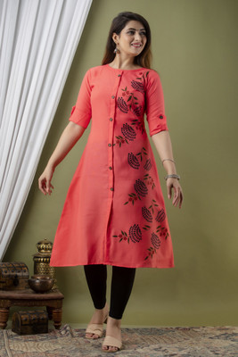 Zivapez Women Floral Print Frontslit Kurta(Pink)