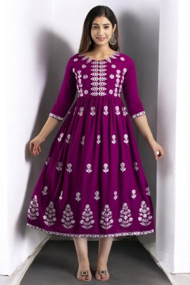 Kimoza Women Embroidered Flared Kurta(Purple)