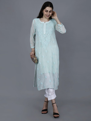The Chikankari Story Women Chikan Embroidery Straight Kurta(Light Green)