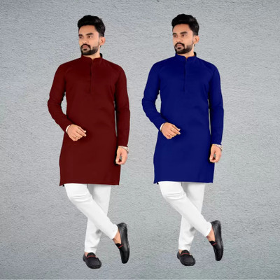 SANMIKA Men Solid Straight Kurta(Blue, Maroon)