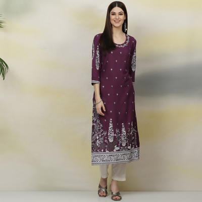 BIBA Women Printed Straight Kurta(Purple, White)