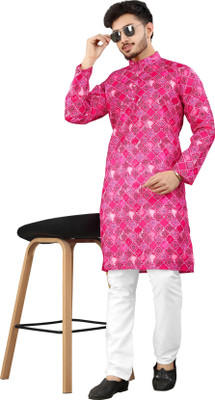 DHASU TRENDZ Men Printed Straight Kurta(Pink)
