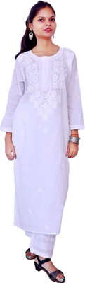 Ah creation Women Chikan Embroidery A-line Kurta(White)