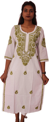 Jk fashion Women Chikan Embroidery Straight Kurta(Light Green, White)