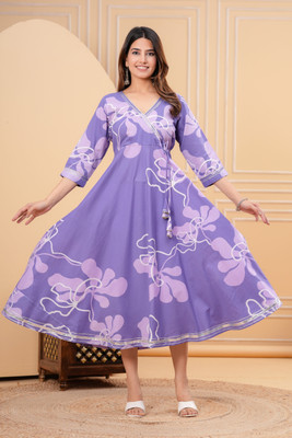 DAMMODE Women Printed Anarkali Kurta(Purple)
